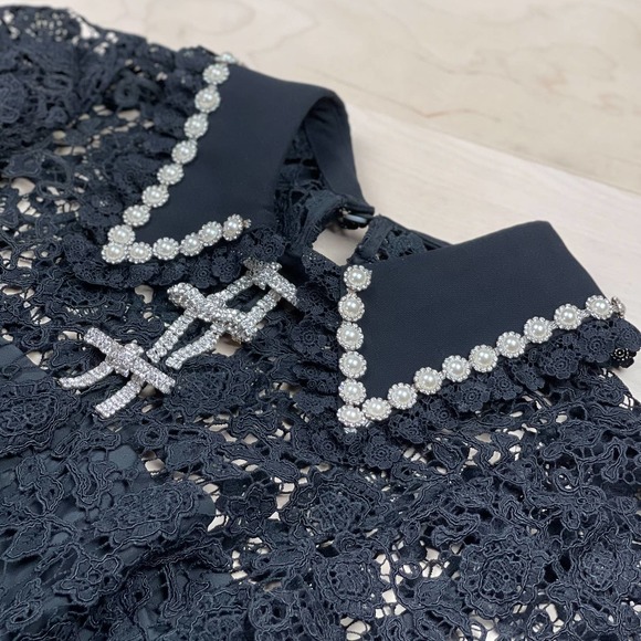 Self-Portrait Black Embellished Guipure Diamante Lace Mini Dress - Picture 5 of 9